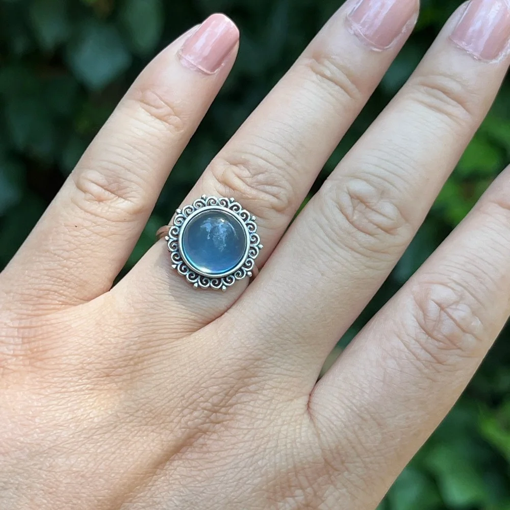 Sterling silver 925‎ stamped adjustable round aquamarine ring 0131